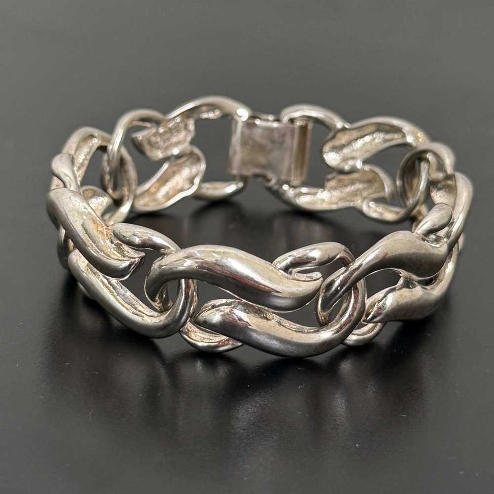 Vintage PEP P.E.P. Signed Silver-tone Ornate Link Chain Fold-Over Clasp Bracelet